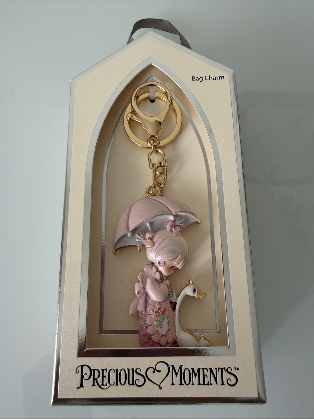Precious Moments Pink Girl with Umbrella and Swan Keychain bag charm